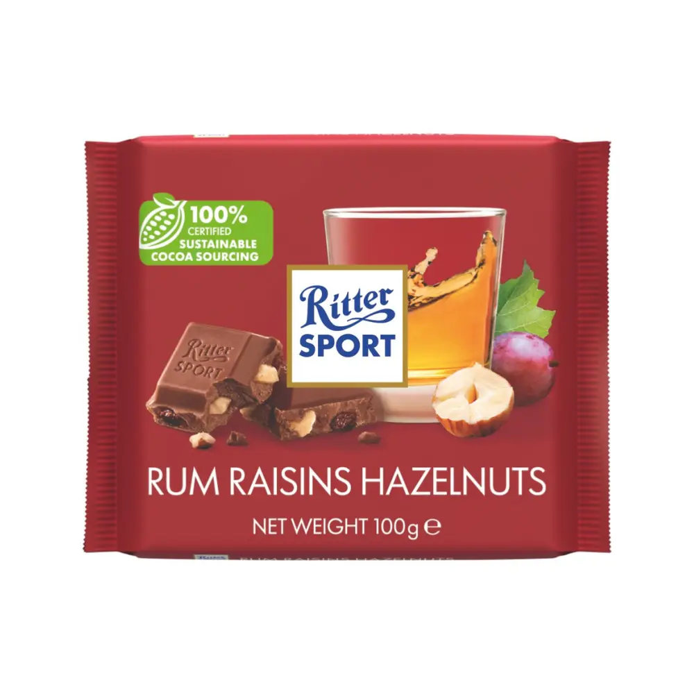 Socola Nhân Rượu Rum Nho Khô & Hạt Dẻ, Rum Raisins Hazelnuts, with Original Jamaican Rum, 3.5 oz (100g) - RITTER SPORT